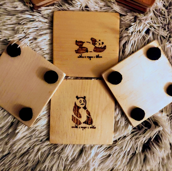 "Pandas" Hand Burned Wood Coaster Set - Picture 4 of 4